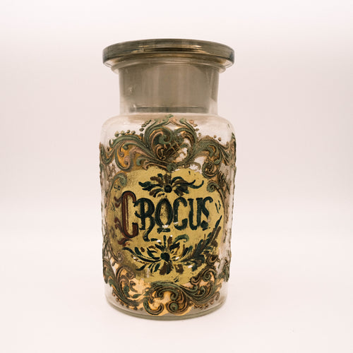 Vaso da farmacia in vetro usato per lo zafferano, epoca  700. In vendita presso La Fiera di Sinigaglia. - Glass pharmacy jar used for saffron, 18th century. For sale at La Fiera di Sinigaglia